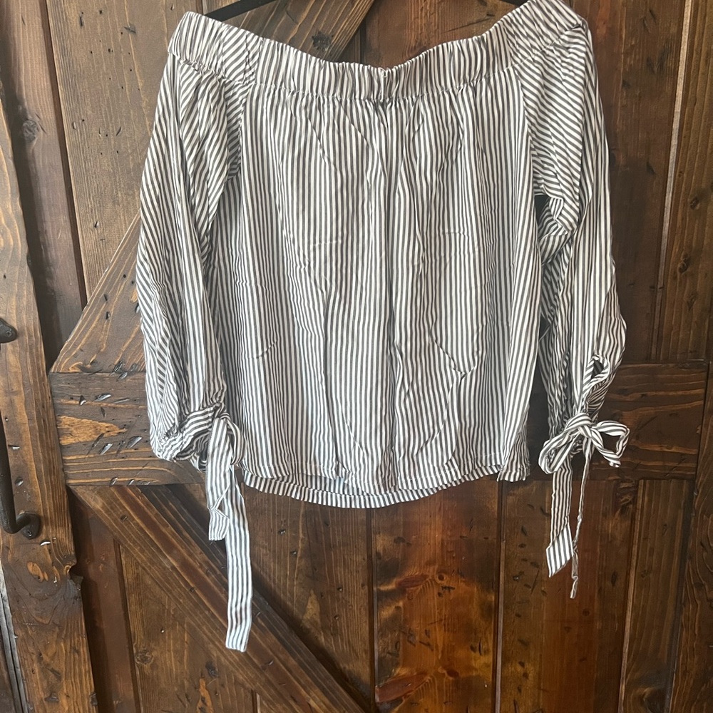 7 For All Mankind Black and White Striped Off-Shoulder Blouse